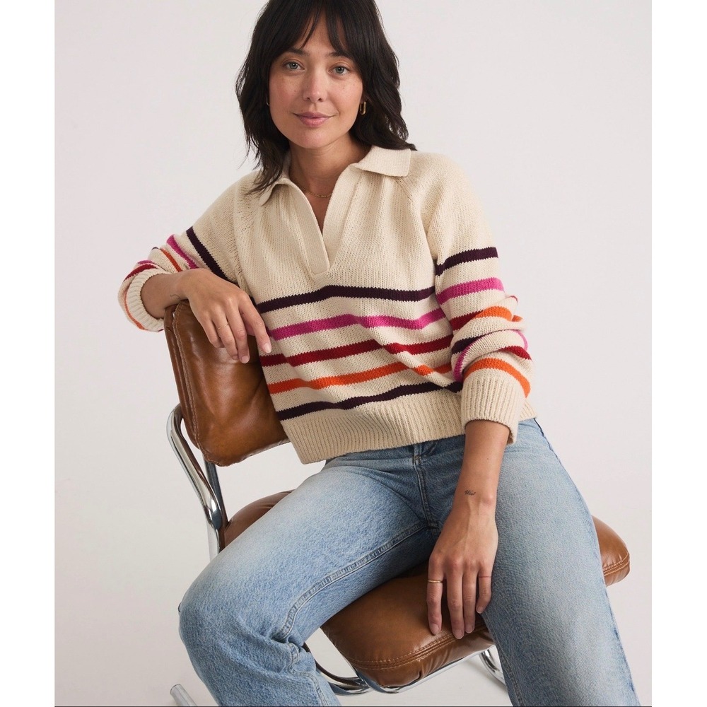 Marine Layer Women's Claire Merino Wool Stripe Polo Sweater Cream Size M Retro